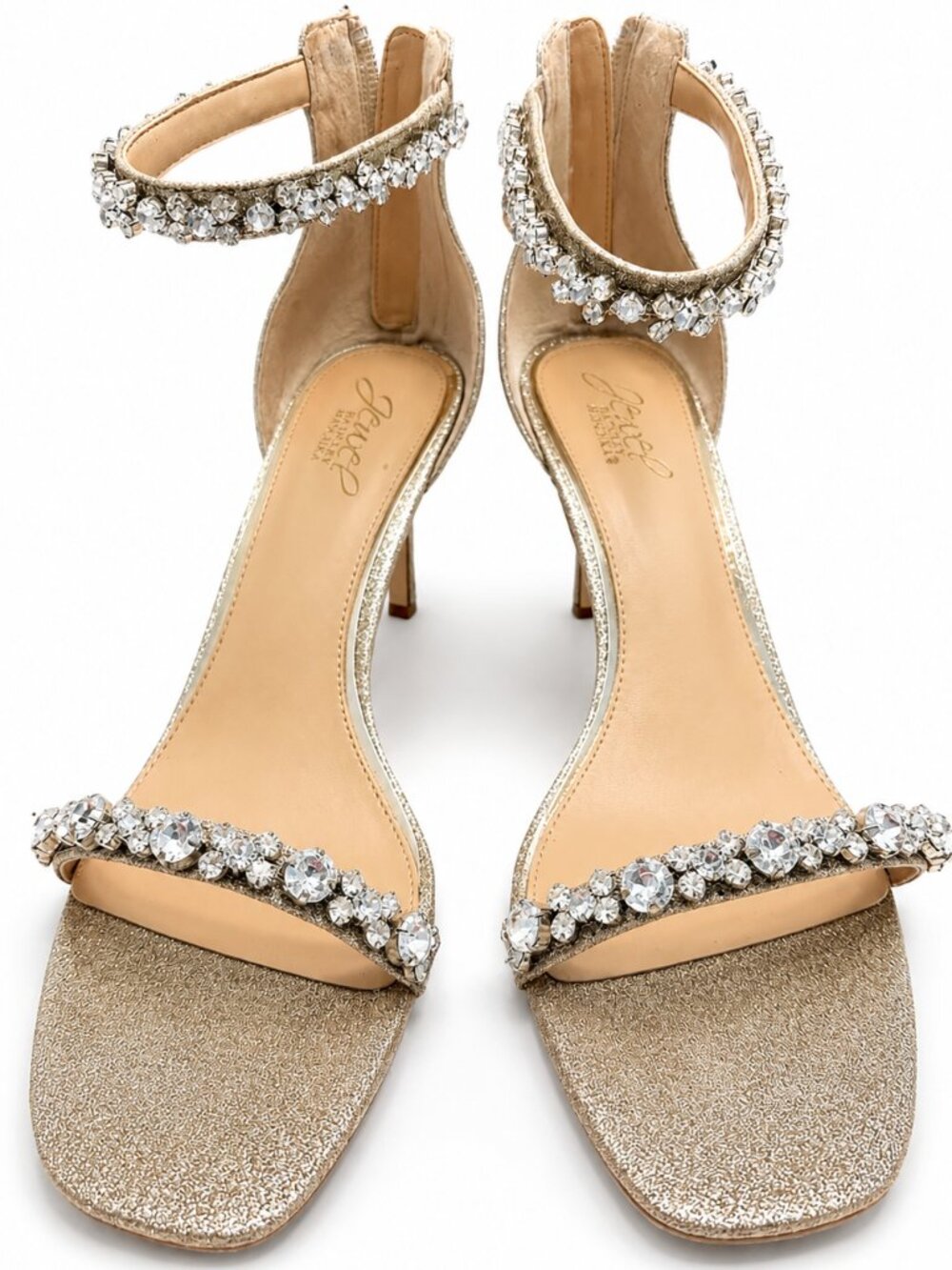 Jewel Badgley Mischka Dustyn Gold Glitter Rhinestone Heels Size 9.5 Wedding Shoe